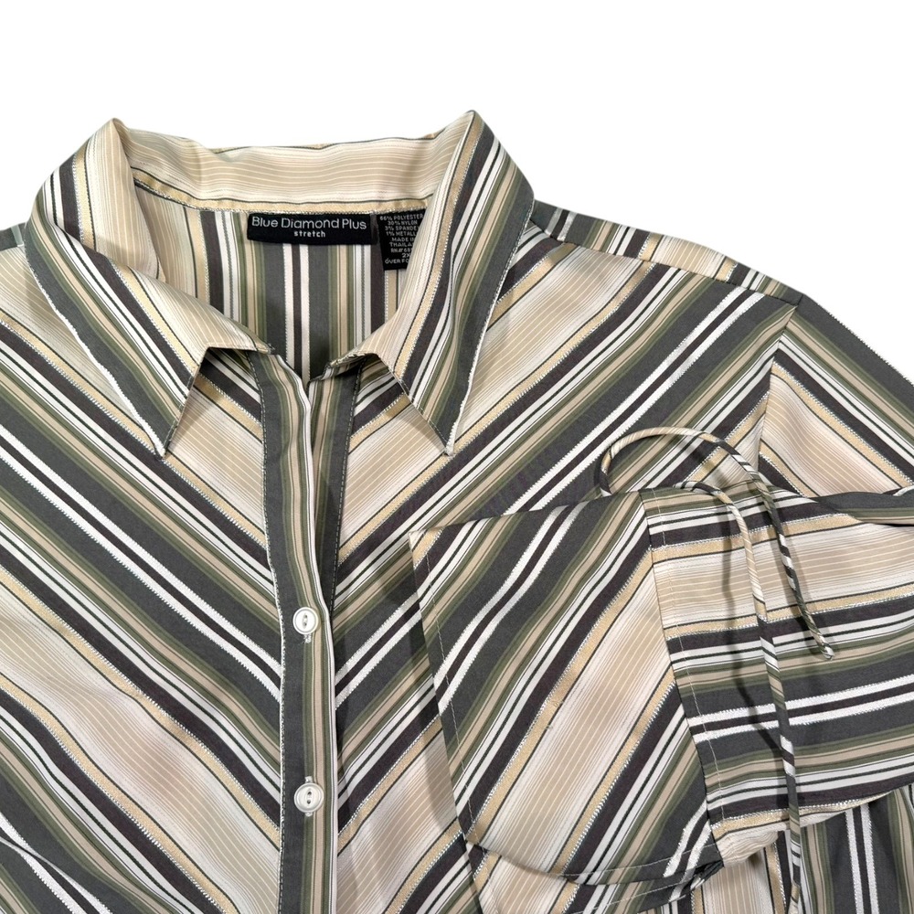Blue Diamond Plus 2X Green Striped Button Down Cinch Sleeve Metallic Earthcore